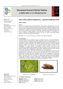 Glycyrrhiza Glabra (Liquorice) - a Potent Medicinal Herb Received: 13-04-2014 Accepted: 20-05-2014 Monica Damle