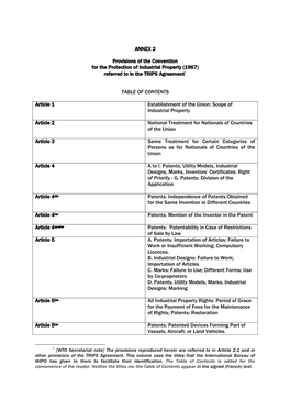 ANNEX 2 Provisions of the Convention for the Protection of Industrial Property (1967) Referred to in the TRIPS Agreement* TABLE