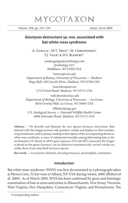 <I>Geomyces Destructans</I> Sp. Nov. Associated with Bat White-Nose