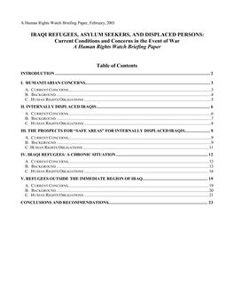 IRAQI REFUGEES, ASYLUM SEEKERS, and DISPLACED PERSONS: Current Conditions and Concerns in the Event of War a Human Rights Watch Briefing Paper