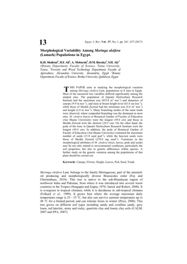 Morphological Variability Among Moringa Oleifera (Lamark) Populations in Egypt