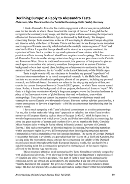 Declining Europe: a Reply to Alessandro Testa Chris Hann, Max Planck Institute for Social Anthropology, Halle (Saale), Germany