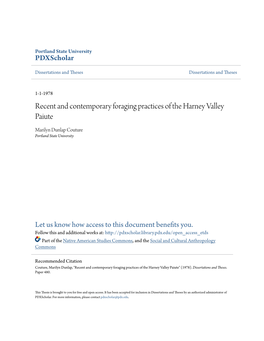 Recent and Contemporary Foraging Practices of the Harney Valley Paiute