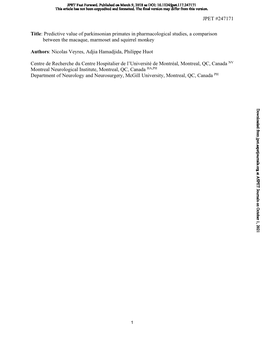 Predictive Value of Parkinsonian Primates in Pharmacological Studies, a Comparison Between the Macaque, Marmoset and Squirrel Monkey I