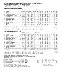 Official Basketball Box Score -- Game Totals -- Final Statistics Presbyterian College Vs Col