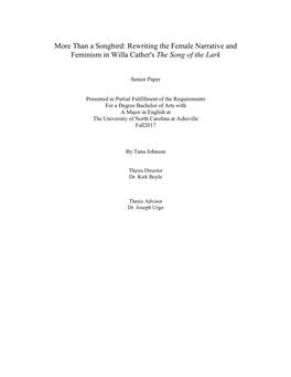 Rewriting the Female Narrative and Feminism in Willa Cather's the Song of the Lark