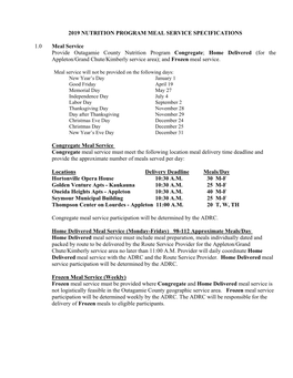 2019 Nutrition Program Meal Service Specifications 1.0