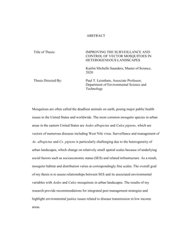 ABSTRACT Title of Thesis: IMPROVING the SURVEILLANCE and CONTROL of VECTOR MOSQUITOES in HETEROGENEOUS LANDSCAPES Kaitlin