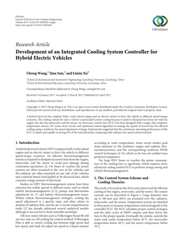 Research Article Development of an Integrated Cooling System Controller for Hybrid Electric Vehicles