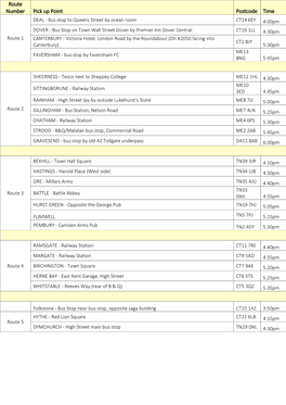 Route Number Pick up Point Postcode Time