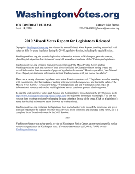 2010 Missed Votes Report for Legislators Released