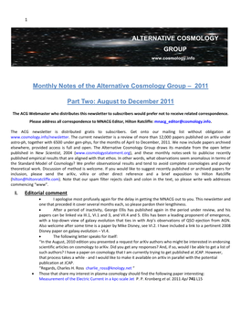 August to December 2011 ALTERNATIVE COSMOLOGY GROUP