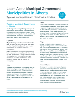 Municipalities in Alberta Types of Municipalities and Other Local Authorities