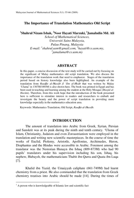 The Importance of Translation Mathematics Old Script ABSTRACT