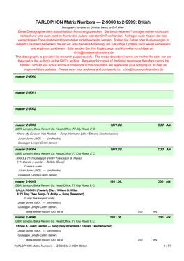 PARLOPHON Matrix Numbers — 2-9000 to 2-9999: British Discography Compiled by Christian Zwarg for GHT Wien Diese Diskographie Dient Ausschließlich Forschungszwecken