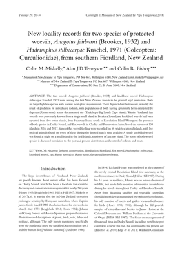 New Locality Records for Two Species of Protected Weevils, Anagotus Fairburni