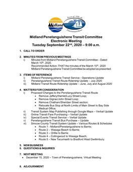 Midland Penetanguishene Transit Committee Electronic Meeting Tuesday September 22Nd, 2020 – 9:00 A.M