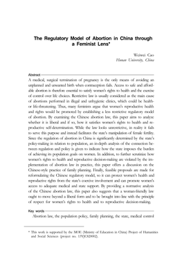 The Regulatory Model of Abortion in China Through a Feminist Lens* 1 Weiwei Cao Hunan University, China