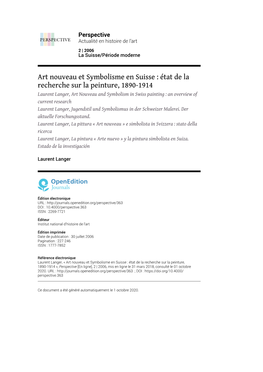 Perspective, 2 | 2006 Art Nouveau Et Symbolisme En Suisse : État De La Recherche Sur La Peinture, 1