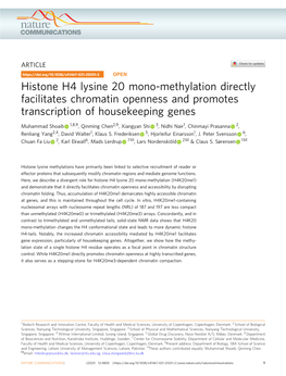 Histone H4 Lysine 20 Mono-Methylation Directly Facilitates Chromatin Openness and Promotes Transcription of Housekeeping Genes