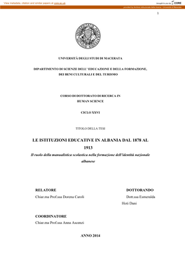 LE ISTITUZIONI EDUCATIVE in ALBANIA DAL 1878 AL 1913 Il Ruolo Della Manualistica Scolastica Nella Formazione Dell’Identità Nazionale Albanese