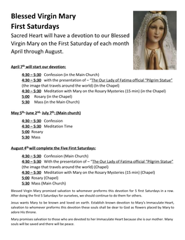 Blessed Virgin Mary First Saturdays Sacred Heart Will Have a Devotion to Our Blessed Virgin Mary on the First Saturday of Each Month April Through August
