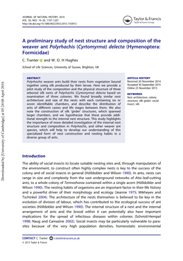 A Preliminary Study of Nest Structure and Composition of the Weaver Ant Polyrhachis (Cyrtomyrma) Delecta (Hymenoptera: Formicidae)