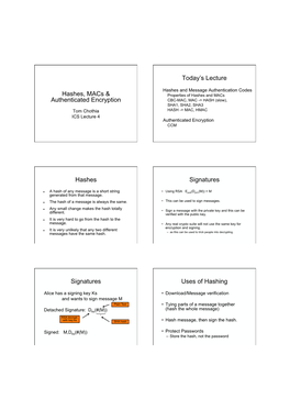 Hashes, Macs & Authenticated Encryption Today's Lecture Hashes