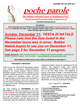 Sunday, December 11: FESTA DI NATALE Please Note That the Date Listed in the November Issue Was in Error