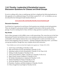 1 & 2 Timothy: Leadership & Discipleship Lessons Discussion