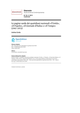 Le Pagine Sarde Dei Quotidiani Nazionali «L'unità», «Il Popolo», «Il