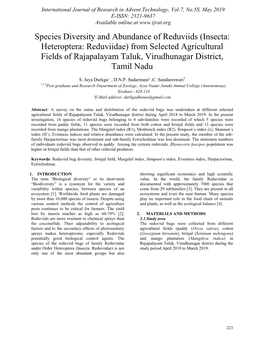 Species Diversity and Abundance of Reduviids (Insecta: Heteroptera