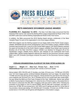 Mets Announce 2018 Minor League Awards