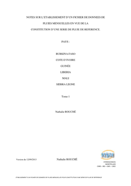 Notes Sur L'etablissement D'un Fichier De Donnees De Pluies Mensuelles En Vue De La Constitution D'une Serie De Pluie De