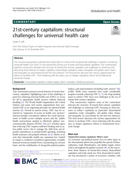 21St-Century Capitalism: Structural Challenges for Universal Health Care Susan K