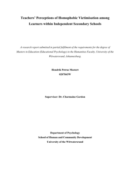 Teachers' Perceptions of Homophobic Victimisation Among Learners Within Independent Secondary Schools