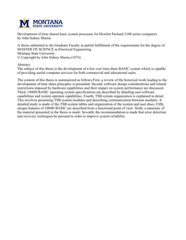 Development of Time Shared Basic System Processor for Hewlett Packard 2100 Series Computers by John Sidney Shema a Thesis Submit