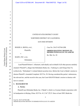 Roger A. Ikeda, Et Al. V. Baidu, Inc., Et Al. 20-CV-02768-Order Granting