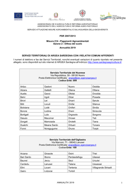 Servizi Territoriali Di ARGEA Sardegna Con I Relativi Comuni Afferenti 2019