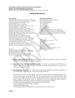 Page | 1 Southeast Citizens Planning Advisory Committee March 25, 2019 Meeting Summary Meeting Attendance