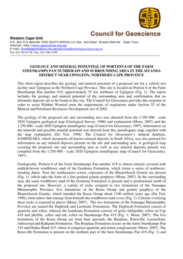 Geology and Mineral Potential of Portion 6 of the Farm Steenkamps Pan Number 419 and Surrounding Area in the Siyanda District Near Upington, Northern Cape Province