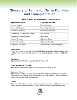 Glossary of Terms for Organ Donation and Transplantation