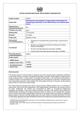 Development and Adoption of Appropriate Technologies for Project Title: Enhancing Productivity in the Indian Bicycle and Bicycle Parts Sector