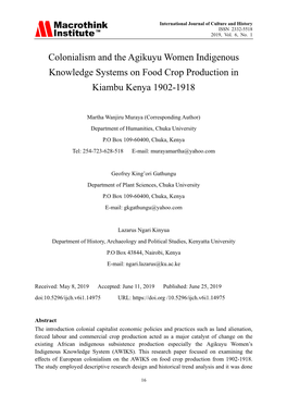 Colonialism and the Agikuyu Women Indigenous Knowledge Systems on Food Crop Production in Kiambu Kenya 1902-1918