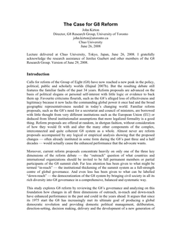 The Case for G8 Reform John Kirton Director, G8 Research Group, University of Toronto John.Kirton@Utoronto.Ca Chuo University June 26, 2008