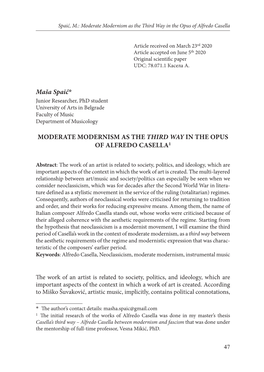 Moderate Modernism As the Third Way in the Opus of Alfredo Casella