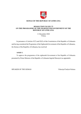 Seimas of the Republic of Lithuania Resolution No Xiv