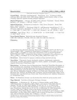 Ramsbeckite (Cu, Zn)15(SO4)4(OH)22 • 6H2O C 2001-2005 Mineral Data Publishing, Version 1 Crystal Data: Monoclinic, Pseudohexagonal