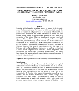 17 the DOCTRINE of SANCTITY of HUMAN LIFE in JUDAISM and CHRISTIANITY: LESSON for the NIGERIAN NATION Sunday Elijah Iyanda Unive