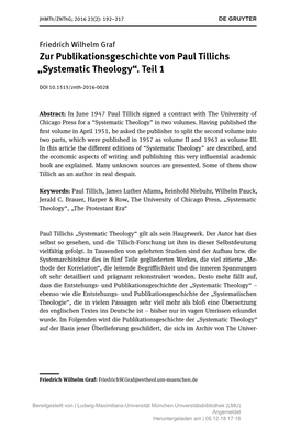 Zur Publikationsgeschichte Von Paul Tillichs „Systematic Theology“. Teil 1